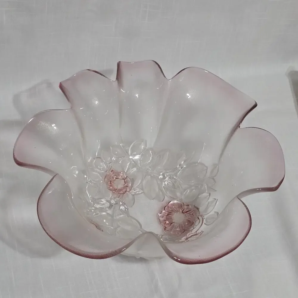 Mikasa Pink Frosted Art Glass Floral Ruffled Bowl 10